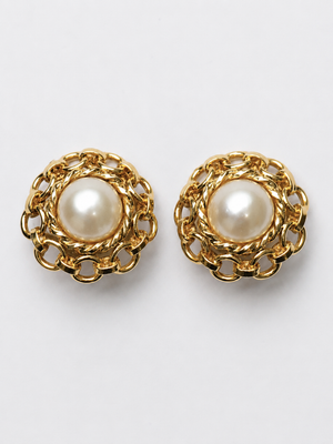 Chanel 1980's -1990's gold plated chain link pearl earrings, with Chanel Box and tags